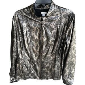 CHICOS Black gold snake skin print full zip lightweight pockets jacket sz 2 XL
